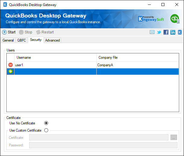 QuickBooks Desktop Gateway - Security Page